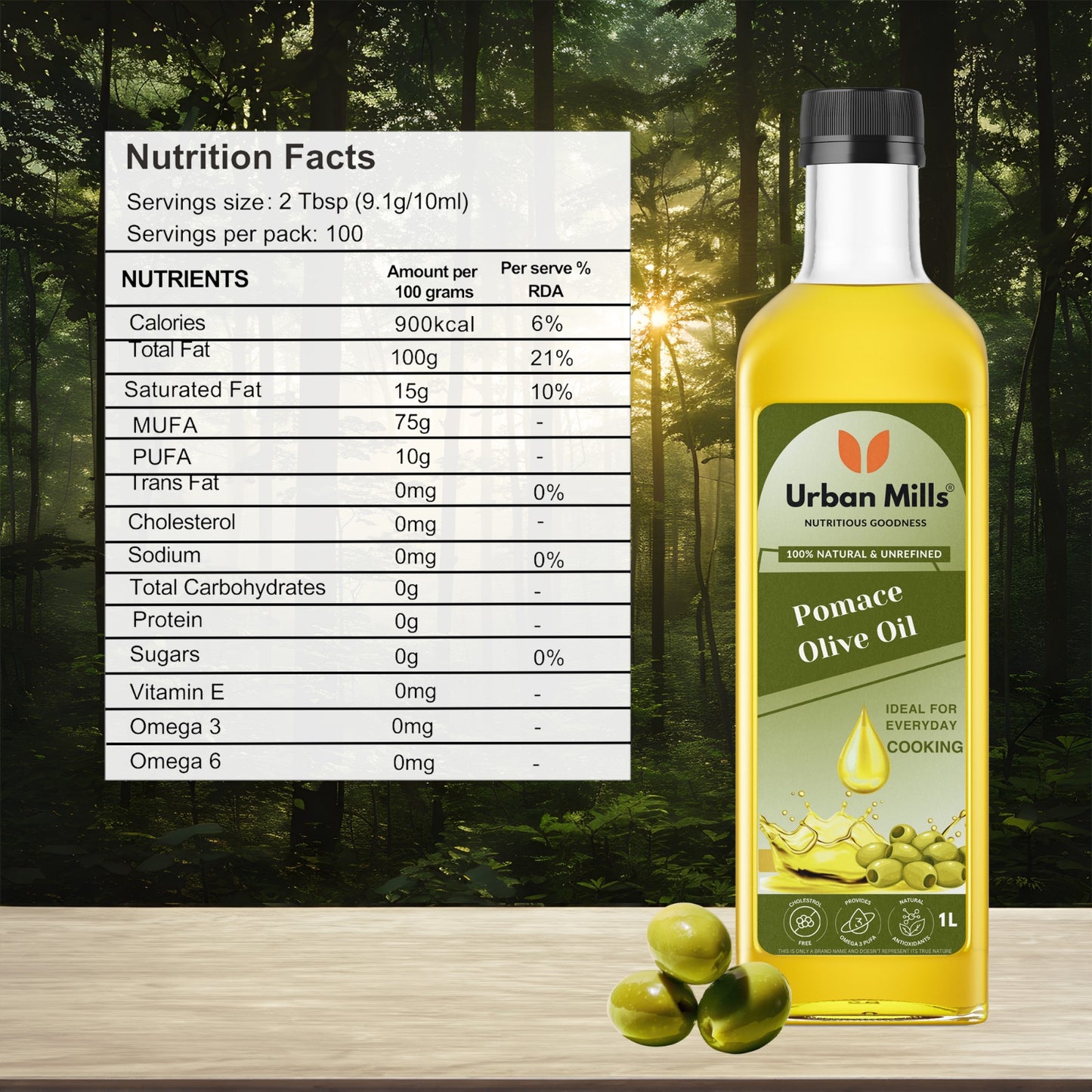 Urban Mills Everyday Cooking Pomace Olive Oil | Rich in MUFA | Low in Saturated Fat | Ideal for Frying, Roasting & Sauteing - Versatile Cooking Oil for Indian Cuisin|1 LTR Pet Bottle