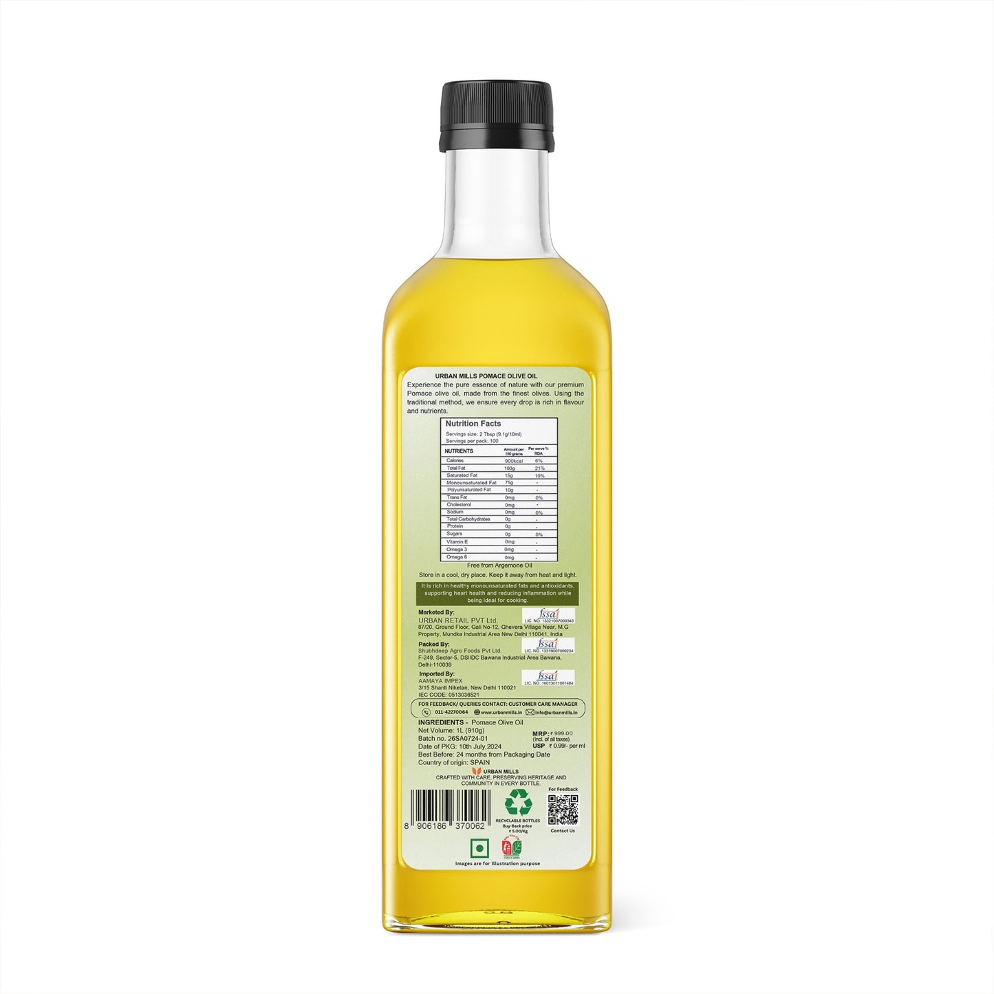 Urban Mills Everyday Cooking Pomace Olive Oil | Rich in MUFA | Low in Saturated Fat | Ideal for Frying, Roasting & Sauteing - Versatile Cooking Oil for Indian Cuisin|1 LTR Pet Bottle