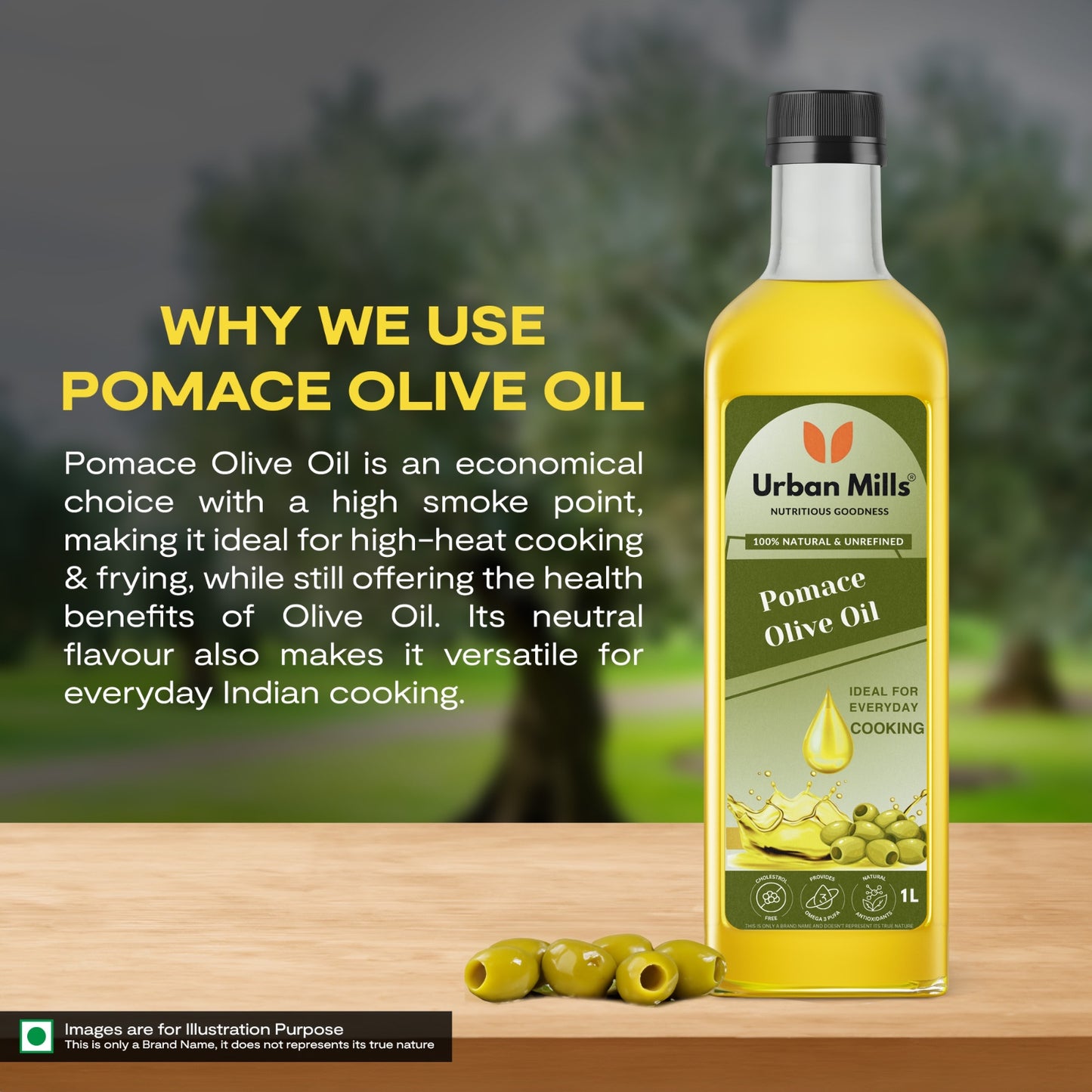 Urban Mills Everyday Cooking Pomace Olive Oil | Rich in MUFA | Low in Saturated Fat | Ideal for Frying, Roasting & Sauteing - Versatile Cooking Oil for Indian Cuisin|1 LTR Pet Bottle