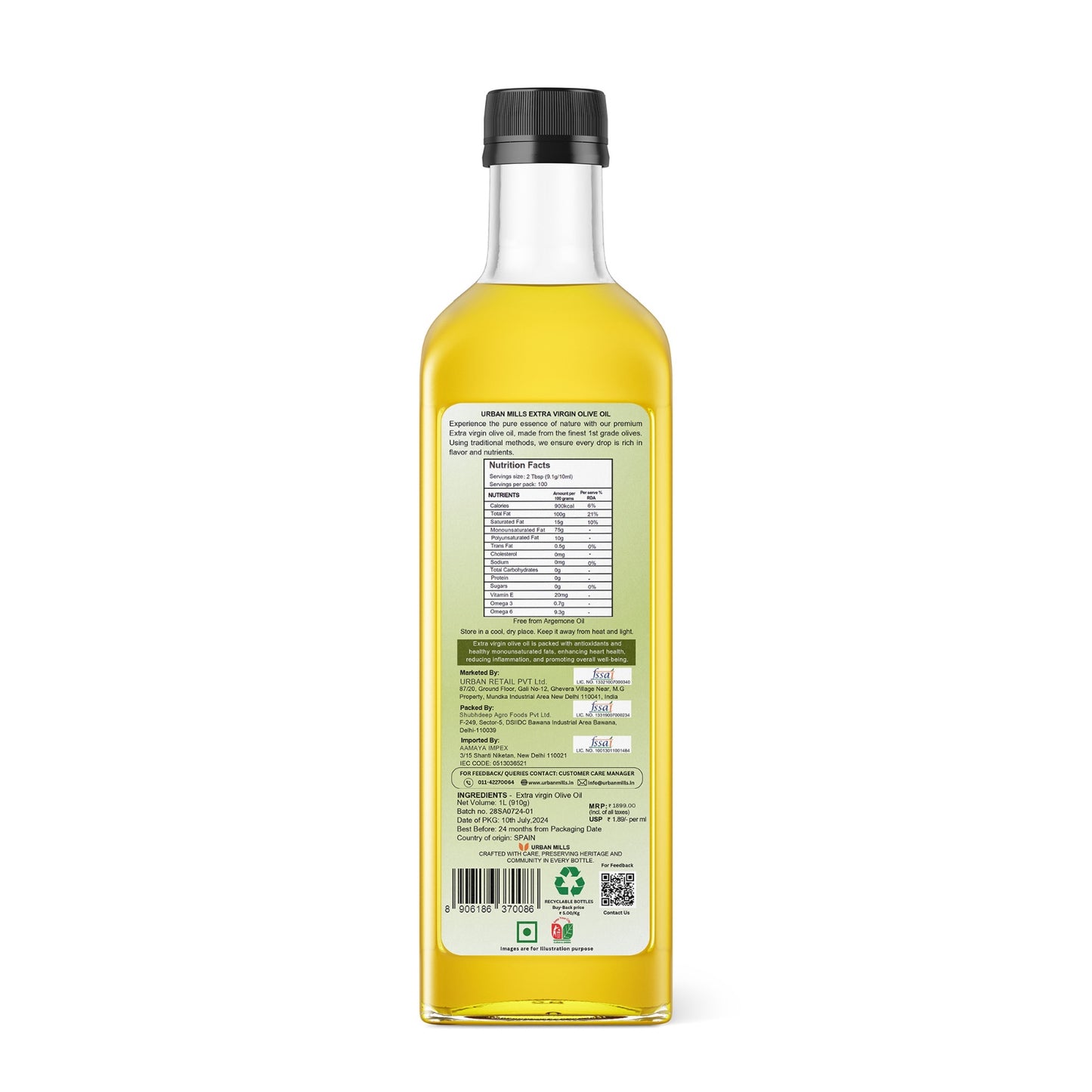 Urban Mills Extra Virgin Olive Oil | 100% Natural and Cold Pressed Cooking Oil, Ideal for Dressings, Salad and Soups, Dips & Marinades | 1 LTR Pet Bottle