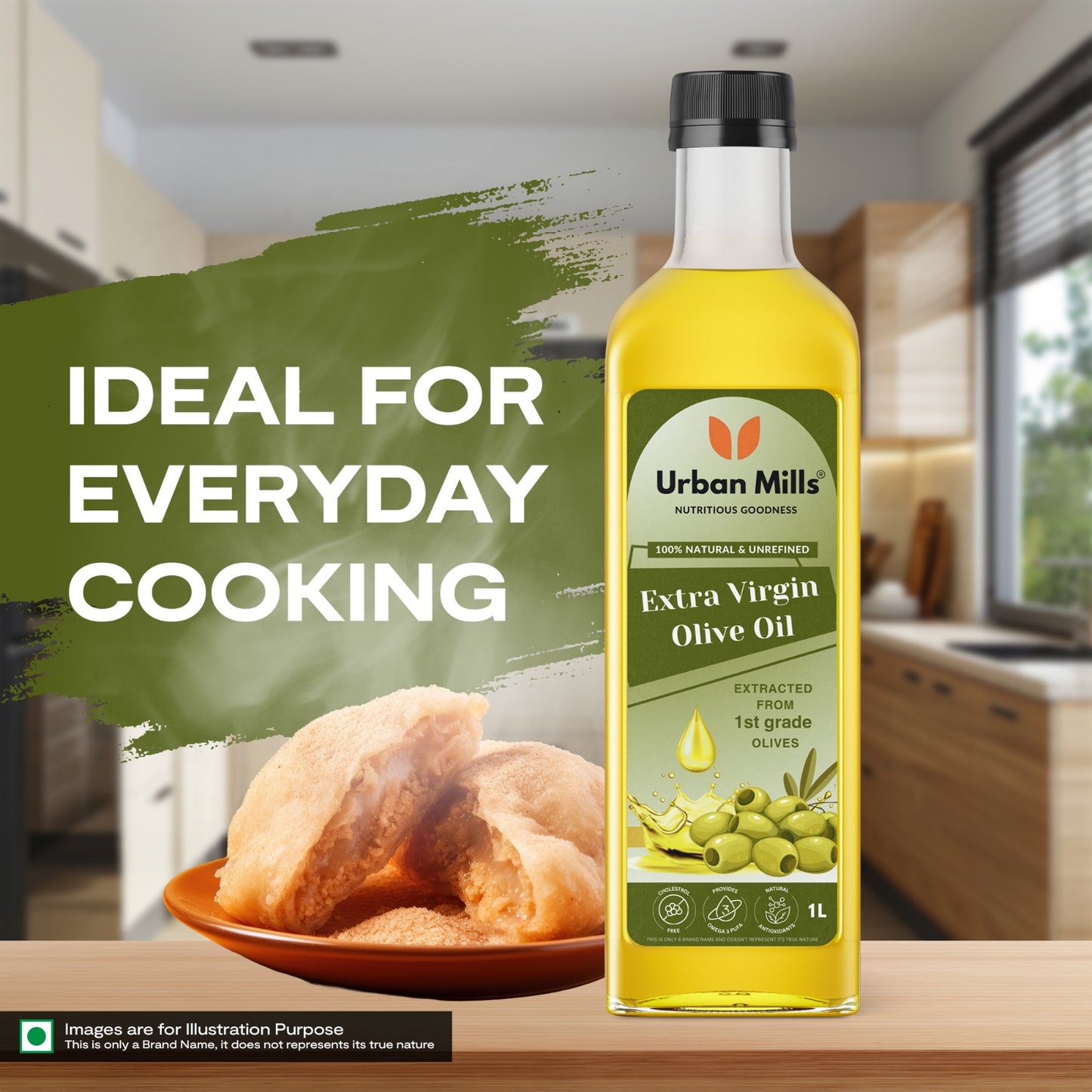 Urban Mills Extra Virgin Olive Oil | 100% Natural and Cold Pressed Cooking Oil, Ideal for Dressings, Salad and Soups, Dips & Marinades | 1 LTR Pet Bottle