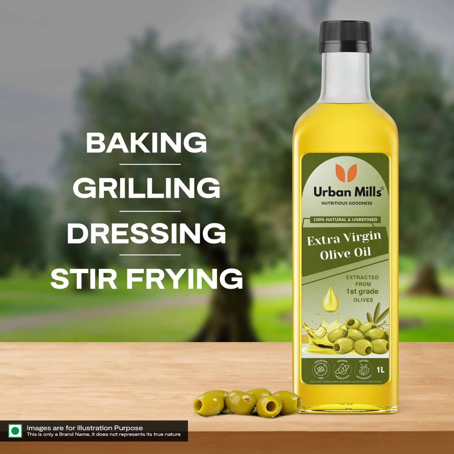 Urban Mills Extra Virgin Olive Oil | 100% Natural and Cold Pressed Cooking Oil, Ideal for Dressings, Salad and Soups, Dips & Marinades | 1 LTR Pet Bottle