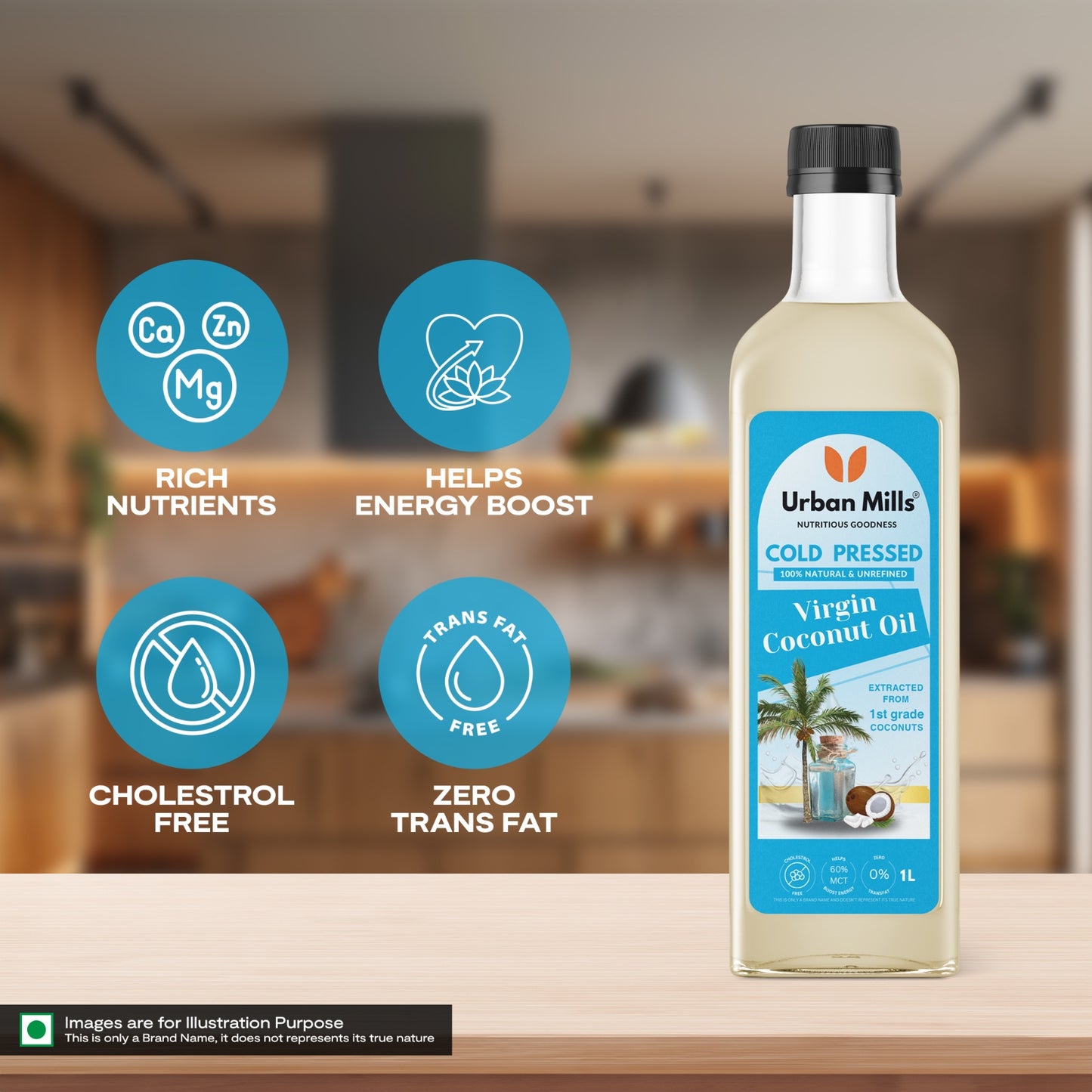 Urban Mills 100% Natural & Unrefined Cold Pressed Virgin Coconut Oil | Naturally Cholesterol Free | Ideal for Daily Cooking with Multipurpose Usage | 1 LTR Pet Bottle