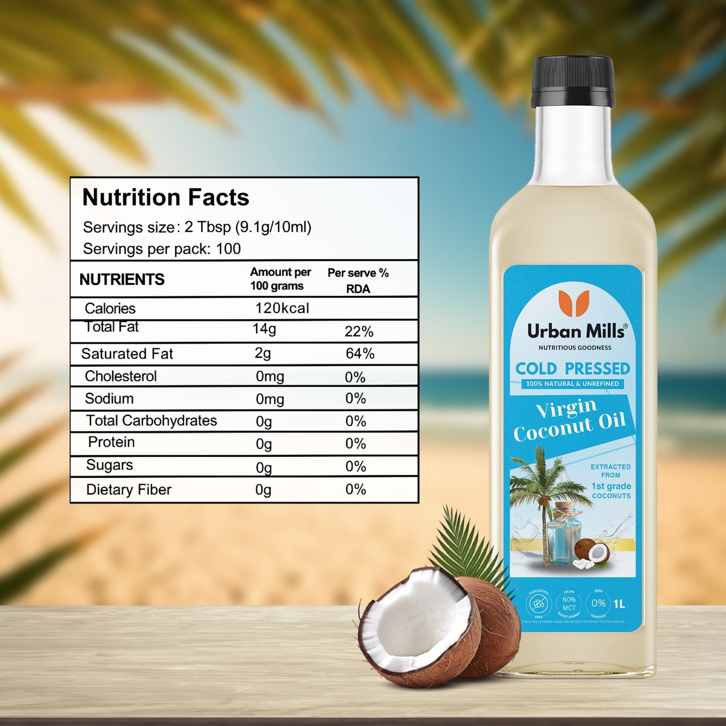 Urban Mills 100% Natural & Unrefined Cold Pressed Virgin Coconut Oil | Naturally Cholesterol Free | Ideal for Daily Cooking with Multipurpose Usage | 1 LTR Pet Bottle