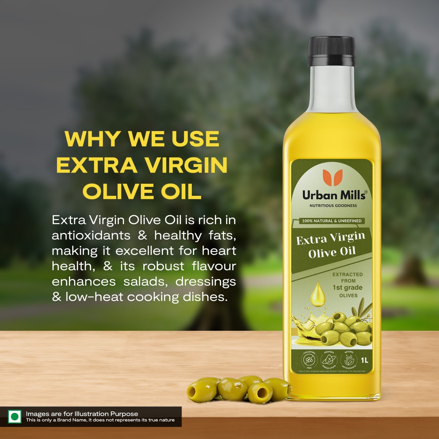 Urban Mills Extra Virgin Olive Oil | 100% Natural and Cold Pressed Cooking Oil, Ideal for Dressings, Salad and Soups, Dips & Marinades | 1 LTR Pet Bottle